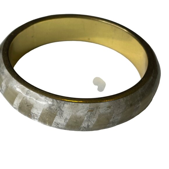 Vintage Y2K Bangle Bracelet Silver Leaf Resin Overlay Gold Tone Striped u - Picture 5 of 5